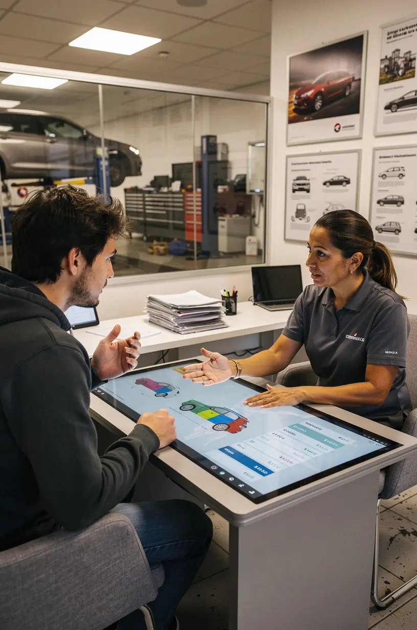 Serviceberater präsentiert dem Kunden eine detaillierte Übersicht über Reparaturoptionen und Preise.