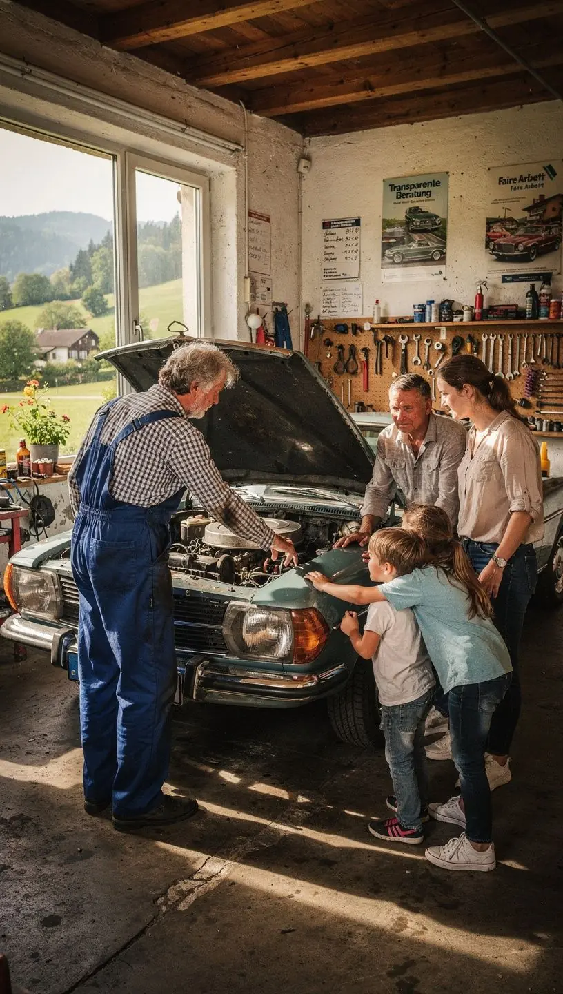 Autoteile und Werkzeuge geordnet auf einem Werkstatttisch zur Veranschaulichung von Ersatzteiloptionen.