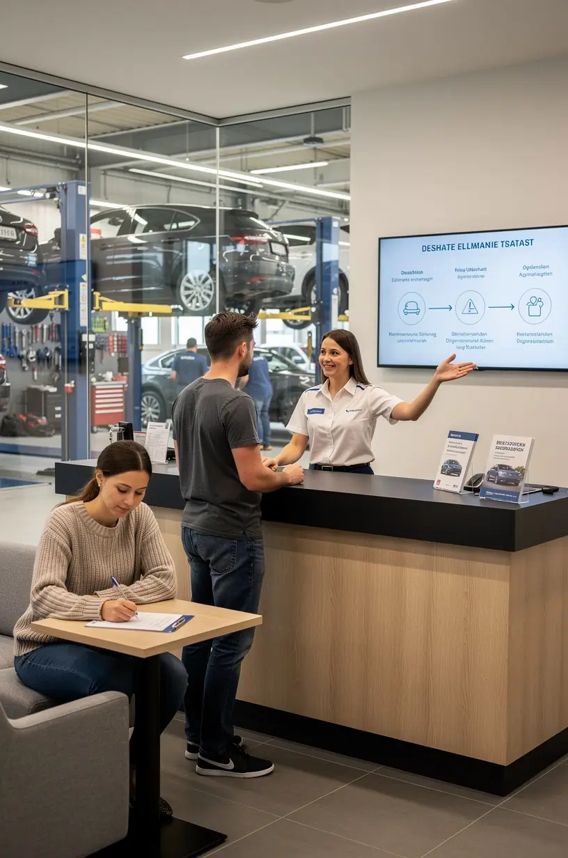Techniker erklärt Kunden die einzelnen Positionen von Arbeitszeit, Ersatzteilen und Zusatzleistungen.